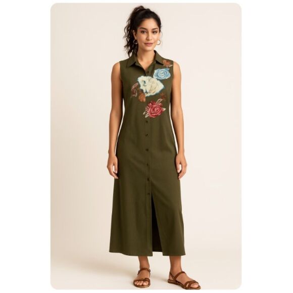 Harve Benard Maxi Shirt Dress Vintage Corduroy Button Front Floral Embroidered 4 - Picture 1 of 8